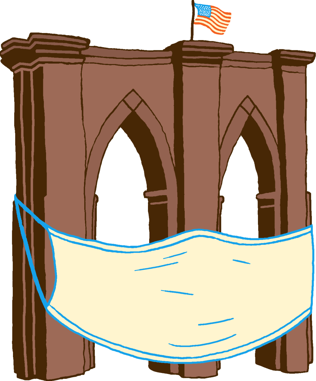 This is a cartoon of the Brooklyn Bridge, wearing a medical mask.